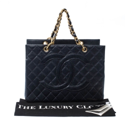 Pre Owned Chanel Navy Blue Quilted Caviar Leather Timeless Shopper Tote