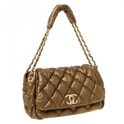 Pre Owned Chanel Gold Leather Bubble Quilt Flap Shoulder Bag