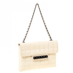 Pre Owned Chanel Cream Chocolate Bar Quilted Patent Leather Keyboard Flap Bag