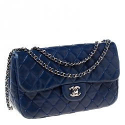 Pre Owned Chanel Blue Quilted Beaded Leather Small Flap Bag 