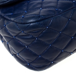 Pre Owned Chanel Blue Quilted Beaded Leather Small Flap Bag 