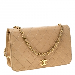 Pre Owned Chanel Beige Quilted Leather Vintage Flap Bag