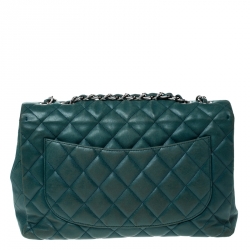 Pre Owned Chanel Green Quilted Leather Jumbo Classic Single Flap Bag