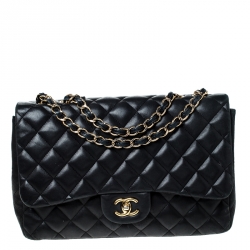 Pre Owned حقيبة شانيل جامبو كلاسيك جلد أسود مبطن بقلاب 