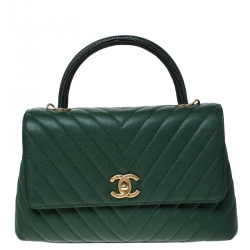 Pre Owned Chanel Green Chevron Quilted Leather and Lizard Small Coco Top Handle Bag
