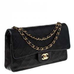 Pre Owned Chanel Black Quilted Leather Medium Vintage Classic Double Flap Bag