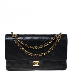 Pre Owned Chanel Black Quilted Leather Medium Vintage Classic Double Flap Bag