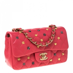 Pre Owned Chanel Coral Pink Quilted Leather Studded Flap Shoulder Bag