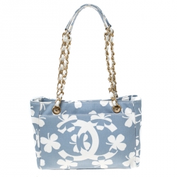 Pre Owned Chanel Blue/White CC Floral Print Canvas Chain Tote 