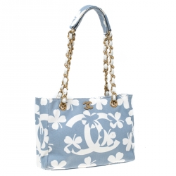 Pre Owned Chanel Blue/White CC Floral Print Canvas Chain Tote 
