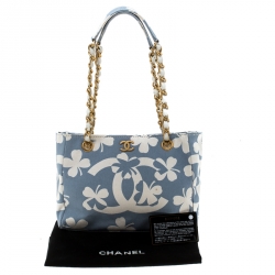 Pre Owned Chanel Blue/White CC Floral Print Canvas Chain Tote 