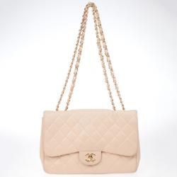Pre Owned Chanel Beige Caviar Classic Jumbo Flap Bag