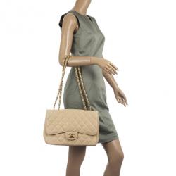 Pre Owned Chanel Beige Caviar Classic Jumbo Flap Bag