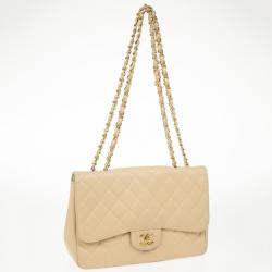 Pre Owned Chanel Beige Caviar Classic Jumbo Flap Bag
