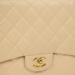 Pre Owned Chanel Beige Caviar Classic Jumbo Flap Bag