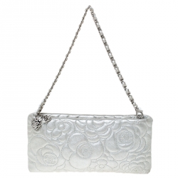 Chanel Silver Lambskin Leather Camellia Pochette Bag Chanel
