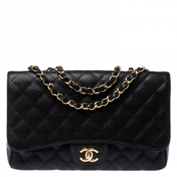 Pre Owned Chanel Black Quilted Caviar Leather Jumbo Classic Single Flap Bag
