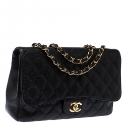 Pre Owned Chanel Black Quilted Caviar Leather Jumbo Classic Single Flap Bag