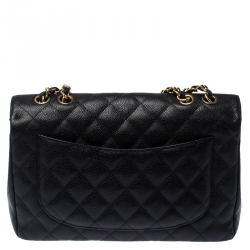Pre Owned Chanel Black Quilted Caviar Leather Jumbo Classic Single Flap Bag