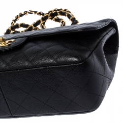 Pre Owned Chanel Black Quilted Caviar Leather Jumbo Classic Single Flap Bag