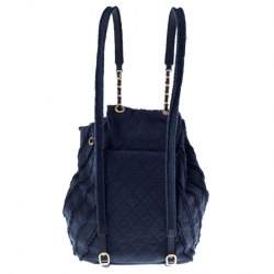 Pre Owned Chanel Navy Blue  Chevron Denim Medium Drawstring Patchwork Backpack                        