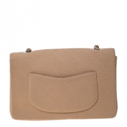 Pre Owned Chanel Beige Quilted Fabric Medium Classic Single Flap Bag