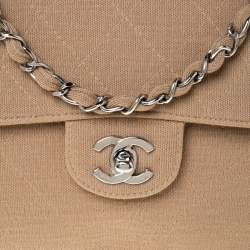 Pre Owned Chanel Beige Quilted Fabric Medium Classic Single Flap Bag