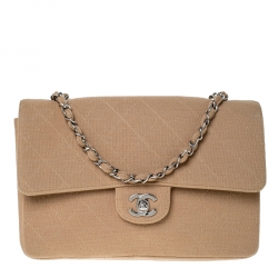 Pre Owned Chanel Beige Quilted Fabric Medium Classic Single Flap Bag