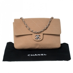 Pre Owned Chanel Beige Quilted Fabric Medium Classic Single Flap Bag