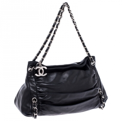  Chanel Black Pleated Leather Chain Shoulder Bag