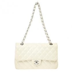 Pre Owned Chanel White Faded Lambskin Medium Flap Bag