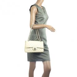 Pre Owned Chanel White Faded Lambskin Medium Flap Bag