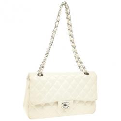 Pre Owned Chanel White Faded Lambskin Medium Flap Bag