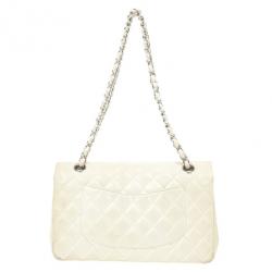 Pre Owned Chanel White Faded Lambskin Medium Flap Bag