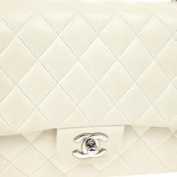 Pre Owned Chanel White Faded Lambskin Medium Flap Bag