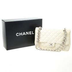 Pre Owned Chanel White Faded Lambskin Medium Flap Bag