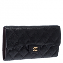 Pre Owned Chanel Black Quilted Leather Classic L Flap Wallet