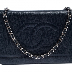 Chanel Navy Blue Caviar Leather Wallet On Chain