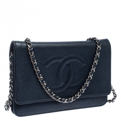 Chanel Navy Blue Caviar Leather Wallet On Chain