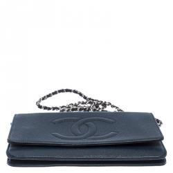 Chanel Navy Blue Caviar Leather Wallet On Chain