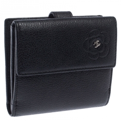 Chanel Black Leather Camellia Compact Wallet