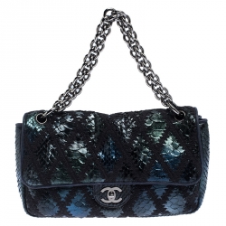 Pre Owned Chanel Metallic Blue Python and Crochet Jumbo Flap Bag              