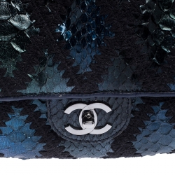Pre Owned Chanel Metallic Blue Python and Crochet Jumbo Flap Bag              