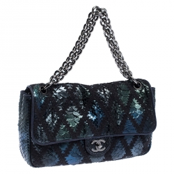 Pre Owned Chanel Metallic Blue Python and Crochet Jumbo Flap Bag              