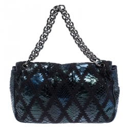 Pre Owned Chanel Metallic Blue Python and Crochet Jumbo Flap Bag              