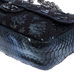 Pre Owned Chanel Metallic Blue Python and Crochet Jumbo Flap Bag              
