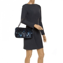 Pre Owned Chanel Metallic Blue Python and Crochet Jumbo Flap Bag              
