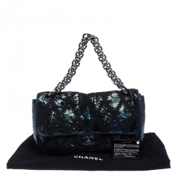 Pre Owned Chanel Metallic Blue Python and Crochet Jumbo Flap Bag              