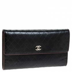 Pre Owned Chanel Black Quilted Leather Diamond Stitched Continental Flap Wallet