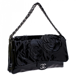 Pre Owned Chanel Black Patent Leather Camellia Flap Shoulder Bag
